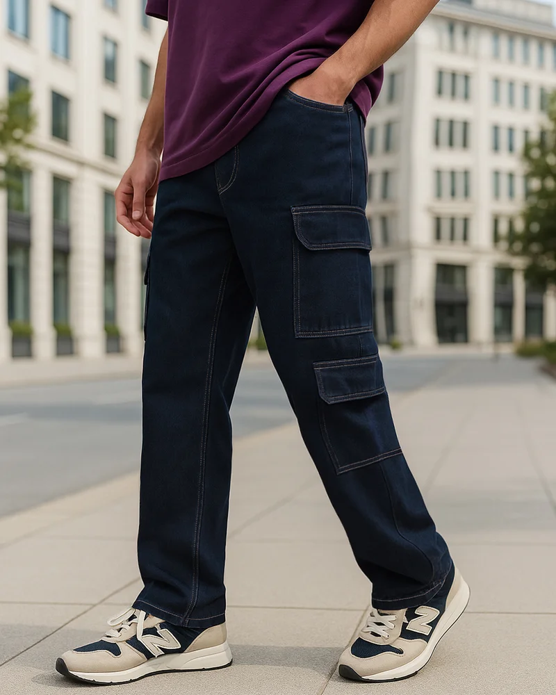 بيواكوف Men's Navy Blue Baggy Fit Washed Cargo Mid-Rise Jeans